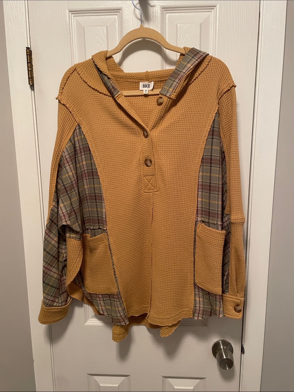 BKE Mustard Waffle Knit Hoodie with Plaid Panels. Oversized M